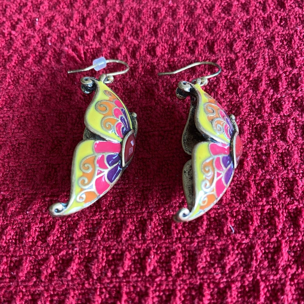 EUC Butterflies Cloisonné Gold Tone Earrings - Picture 2 of 6